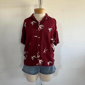 Vintage Burgundy Floral Button Down Blouse, Size Large